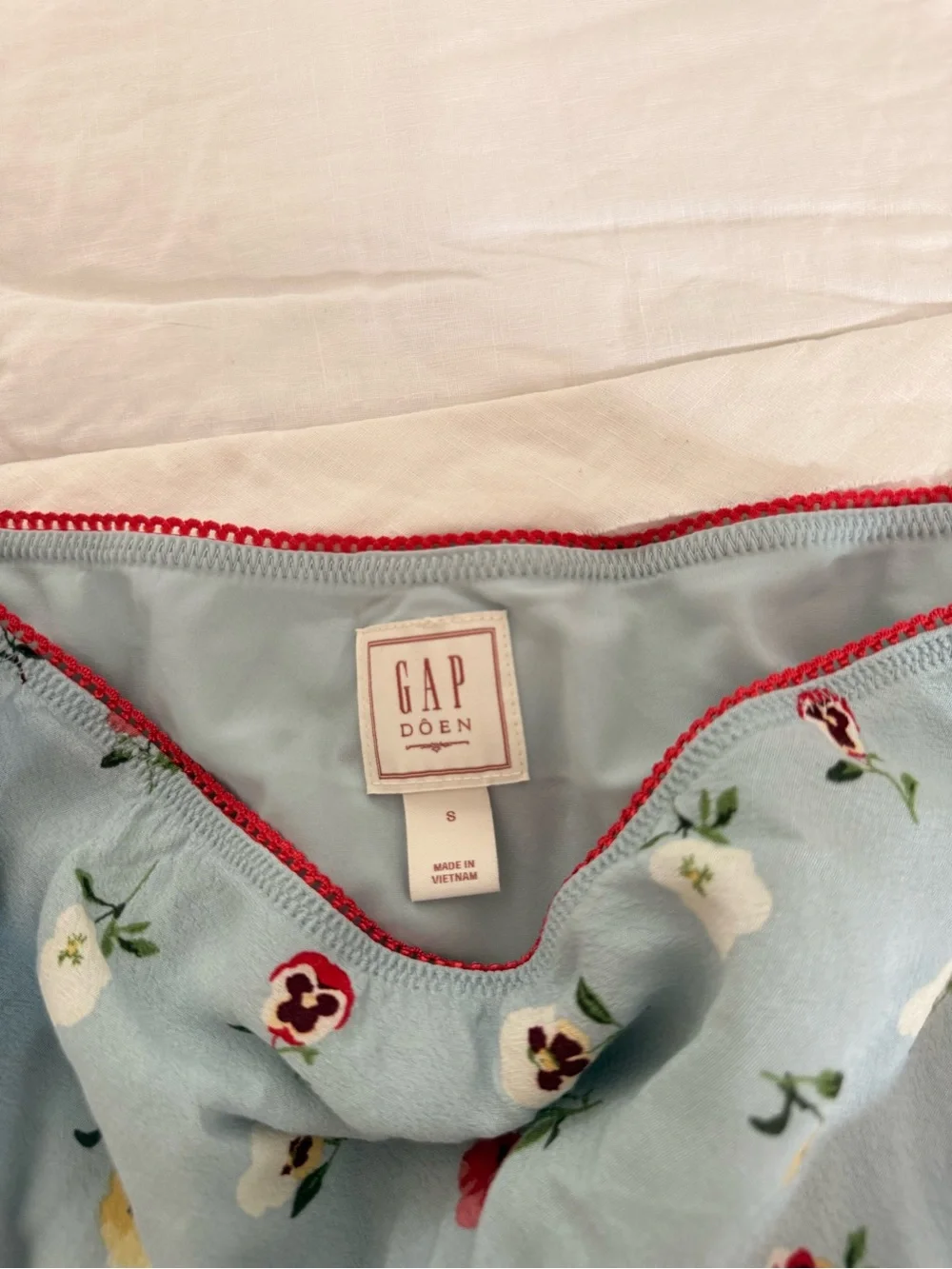 Light Blue Floral Midi Slip Top + Skirt with Red Trim from Gap x Doen